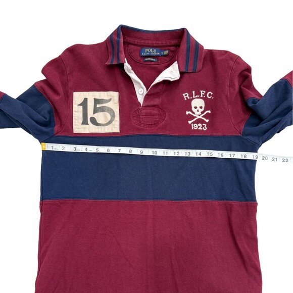 Polo Ralph Lauren Skull & Bones Rugby Shirt RLFC Burgundy Blue Stripe Men Size M - Picture 3 of 7